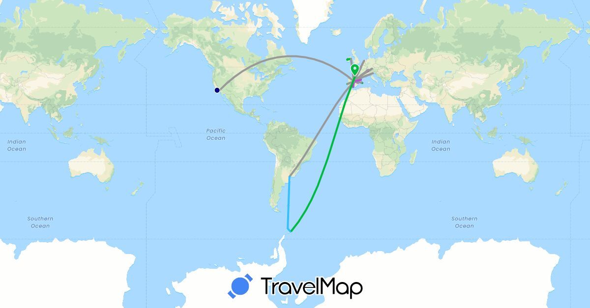TravelMap itinerary: driving, bus, plane, train, boat in Argentina, Switzerland, Germany, Spain, France, Ireland, Italy, Netherlands, Portugal, United States (Europe, North America, South America)